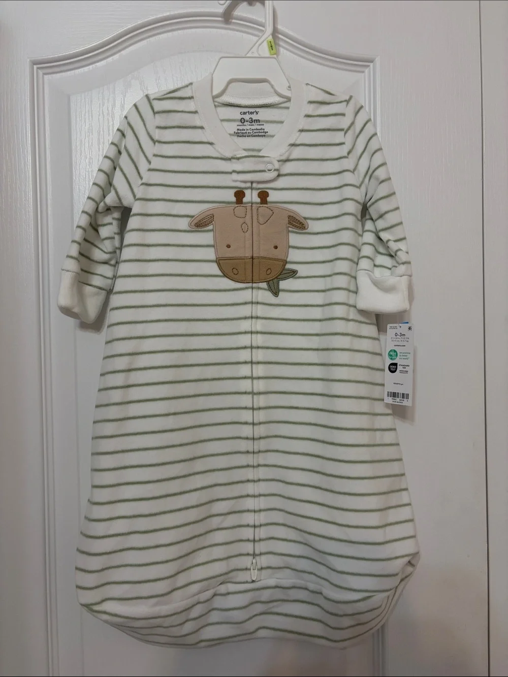 Carter's 0-3M fleece long sleeve sleep sack with Cow Green Stripe 2-way zipper
